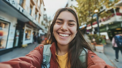 Portrait of smiling young teenage girl taking a selfie picture, recording video, streaming in street outdoors. Social media, students exchange program, travel, holidays and tourism concept