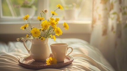 A bright and cheerful scene of yellow flowers and a cup of tea on a tray, placed on a bedside table in a cozy bedroom, soft lighting creating a warm and inviting atmosphere