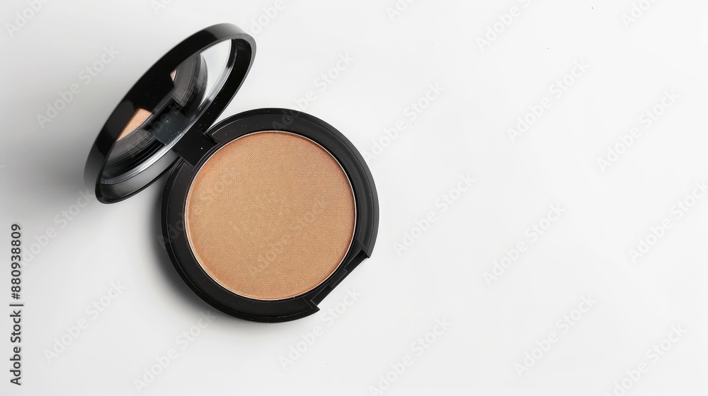 Poster foundation powder in compact case on white background with space for text