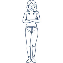 Fototapeta premium Cartoon woman smiling, full body standing, isolated on white background. Flat design, outline. Solid color. 