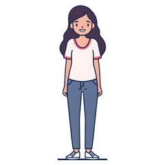 Fototapeta premium Cartoon woman smiling, full body standing, isolated on white background. Flat design, outline. Solid color. 