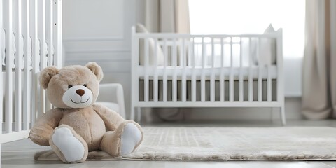 Elegant, Minimalist Nursery with White Crib and Cozy Ambiance. Concept Nursery Decor, White Crib, Minimalist Design, Cozy Ambiance, Elegant Touch