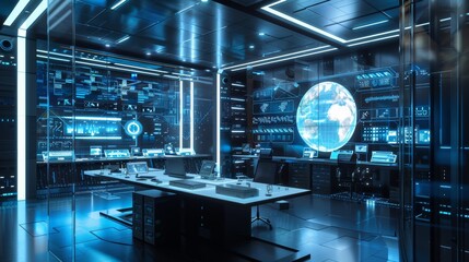Futuristic High-Tech Lab with Engineers Testing Data Exchange Protocols in Advanced Collaborative Environment