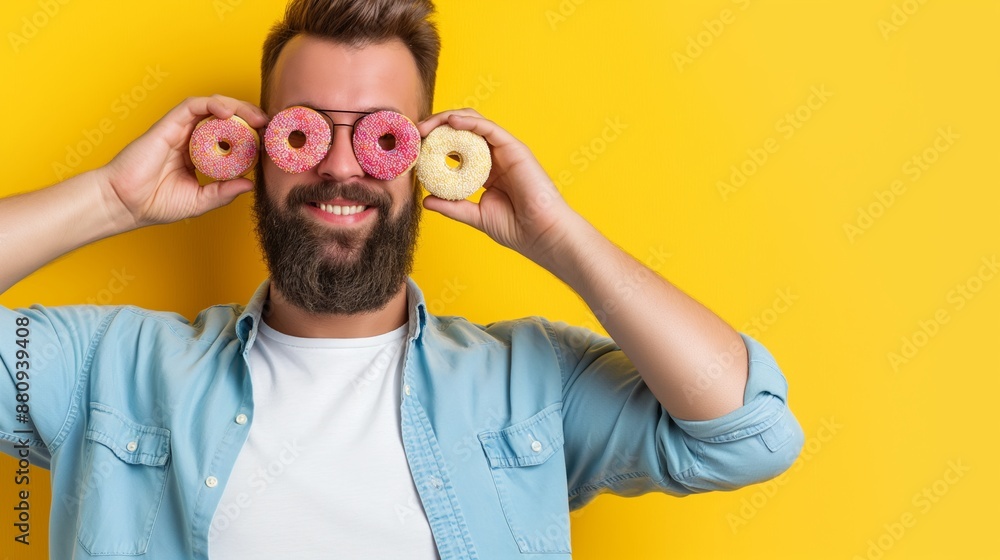 Poster a man with a beard is holding up four donuts in front of a yellow background. he is smiling and he i