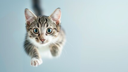 Obraz premium A cat is looking up at the camera with its eyes wide open. The cat is in mid-air, and its body is stretched out. Concept of curiosity and playfulness
