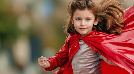 Fototapeta premium A young girl in a red cape is running with her arms outstretched. She is wearing a silver shirt underneath the cape