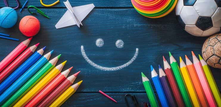 A smiling face is drawn on a blackboard with a variety of colorful pencils