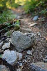 Heart-Shaped Stone on a Forest Trail Symbolizing Nature's Gifts and Serendipity