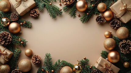 christmas banner beige xmas background,golden balls decorative branches gift boxes christmas frame greeting card template web banner mockup flat lay top view copy space