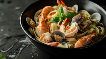 A black bowl filled with pasta and shrimp