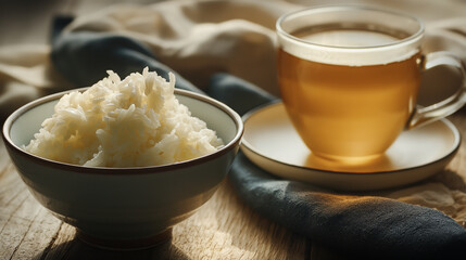 A bowl of rice and a cup of tea sit on a wooden table