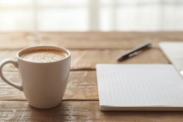 Person taking notes during a marketing webinar, with a laptop and coffee on the desk