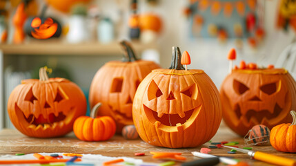 A group of carved pumpkins with various expressions, surrounded by carving tools, symbolizing Halloween festivities.