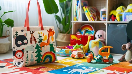 Colorful Kids' Shopping Bag with Animal Design Amidst Toys and Books on Vibrant Rug