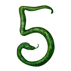 Number five in the form of a green snake as a symbol of Happy Chinese New Year 2025 according to the zodiac sign of the year of the Snake. Watercolor illustration for template of cards, congratulation