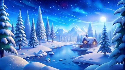 A winter scene with a small cabin and a river