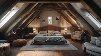 Naklejka premium A chic loft attic bedroom concept, featuring exposed wooden beams, stylish furniture