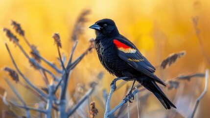 Red-winged Blackbird in North American marshes and fields, ornithology, beautiful bird, wildlife photography, natural habitat, colorful bird, vibrant colors, blurred background, fauna, nature