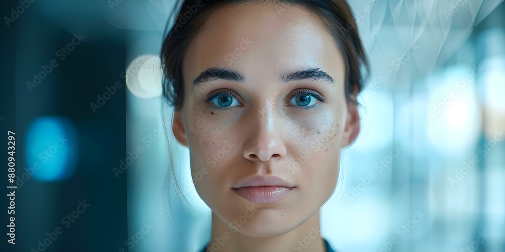 Poster using facial recognition technology to swap digital identities in videos. concept facial recognition