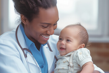 A smiling infant sits on a doctor's lap in a medical office, illustrating a caring and supportive healthcare environment. For pediatric care contents.
