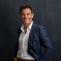 Studio headshot portrait of a happy, confident man in his 50s with his hands on his hips, wearing a suit and grinning into the camera. 