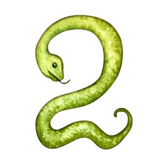 Number two in the form of a green snake as a symbol of Happy Chinese New Year 2025 according to the zodiac sign of the year of the Snake. Watercolor illustration for templates of cards, congratulation