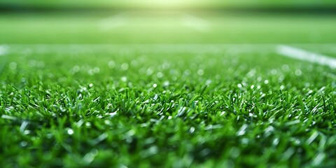 Naklejka premium Lush Green Padel Court Grass Close-Up Low Angle View - Wallpaper. Concept Sports, Padel Court, Green Grass, Close-Up, Wallpaper