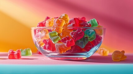 A variety of colorful gummy bears in a clear glass bowl, placed on a vibrant, playful background.