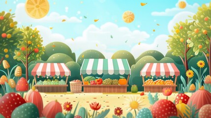 A charming flat design illustration of a summer farmers market with 3D elements. The scene features stalls with fresh produce, flowers, and handmade goods. The background includes trees, a sunny sky,
