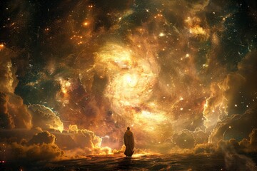 A lone figure stands before a swirling nebula.