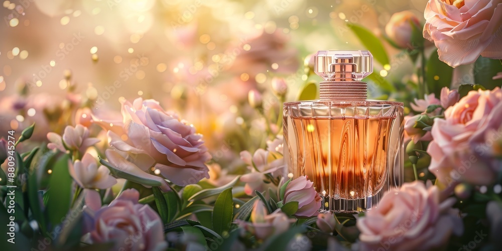 Poster elegant perfume bottle with a floral background, using soft focus and lighting to highlight the prod