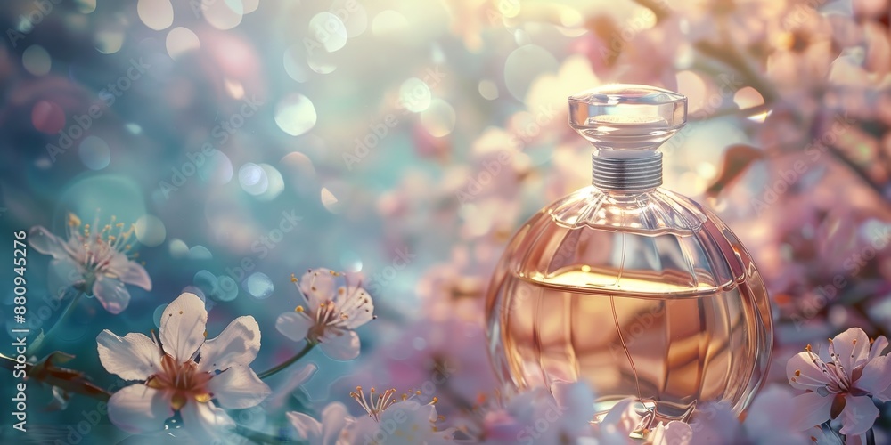 Poster elegant perfume bottle with a floral background, using soft focus and lighting to highlight the prod