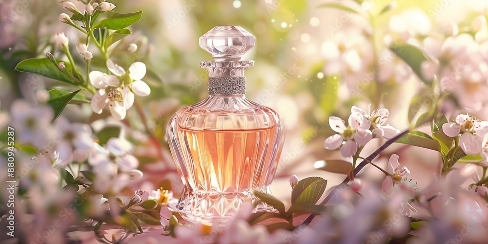Poster elegant perfume bottle with a floral background, using soft focus and lighting to highlight the prod