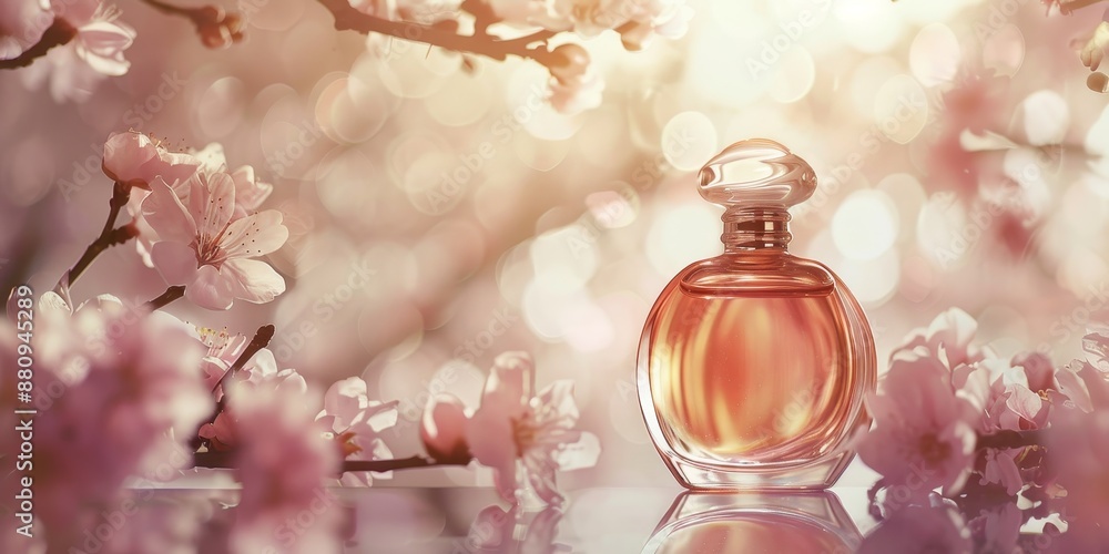 Poster elegant perfume bottle with a floral background, using soft focus and lighting to highlight the prod