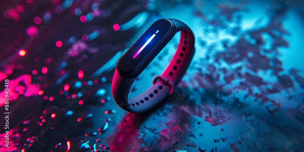 Poster fitness tracker on a sporty background, with dynamic lighting emphasizing the device's functionality