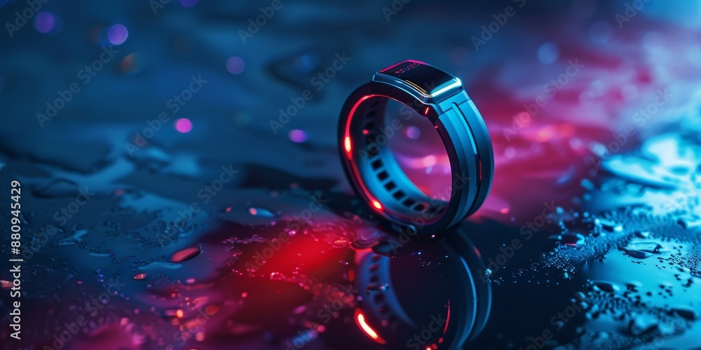 Poster fitness tracker on a sporty background, with dynamic lighting emphasizing the device's functionality