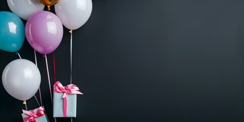 Vibrant birthday party decorations against a black backdrop with balloons and gift boxes. Concept Birthday Party Decor, Vibrant Color Scheme, Black Backdrop, Balloons, Gift Boxes