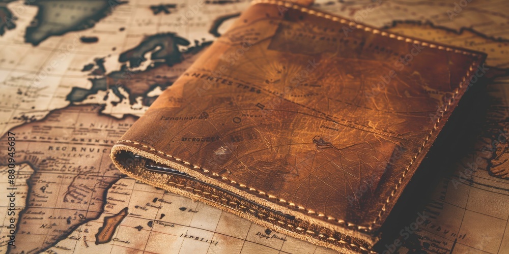 Poster Handcrafted leather wallet on a vintage map, blending style and functionality, captured with a keen eye for texture and material quality