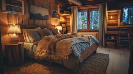 A cozy bedroom in a rustic vacation home, featuring wooden decor, plush bedding