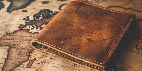 Obraz premium Handcrafted leather wallet on a vintage map, blending style and functionality, captured with a keen eye for texture and material quality