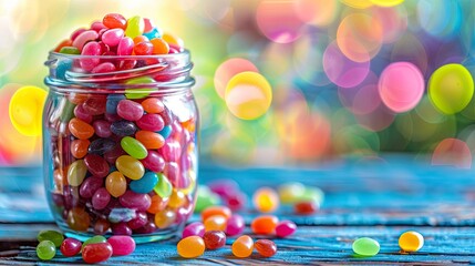 An assortment of colorful jelly beans in a glass jar, placed on a bright, cheerful background.