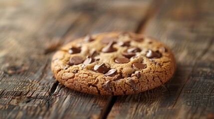 Fototapeta premium A close-up of a freshly baked chocolate chip cookie with melted chocolate chunks, placed on a rustic wooden table.