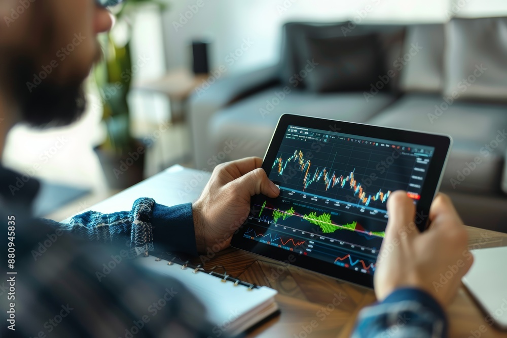 Aufkleber modern home office with trader using tablet to monitor cryptocurrency markets - minimalist design