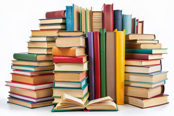 Assorted stack of individual books in various colors, shapes, and sizes, isolated on a clean white background, showcasing a diverse literary collection.