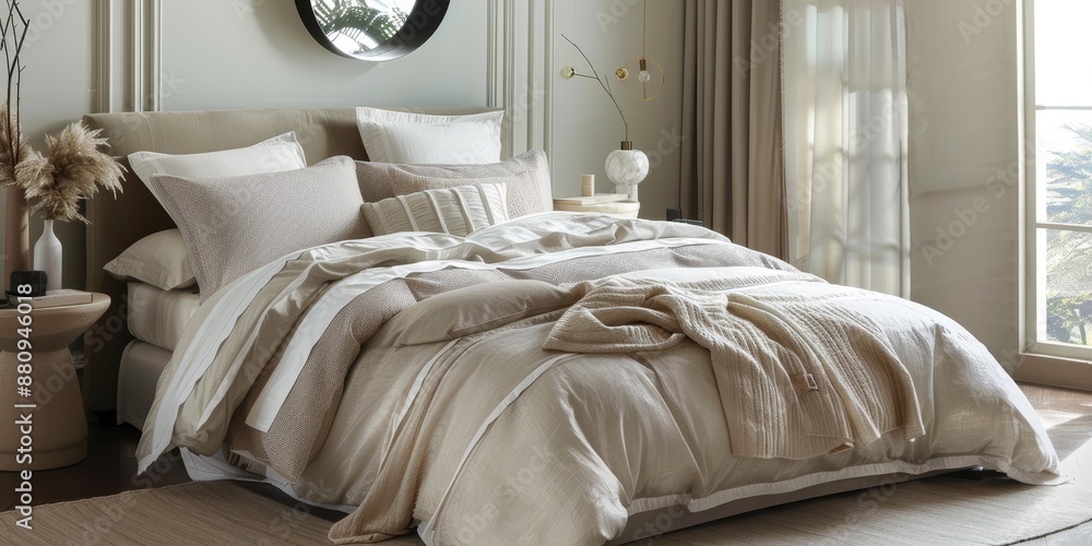 Aufkleber luxury bedding set with high-thread-count linens, styled in a cozy bedroom scene, emphasizing comfor