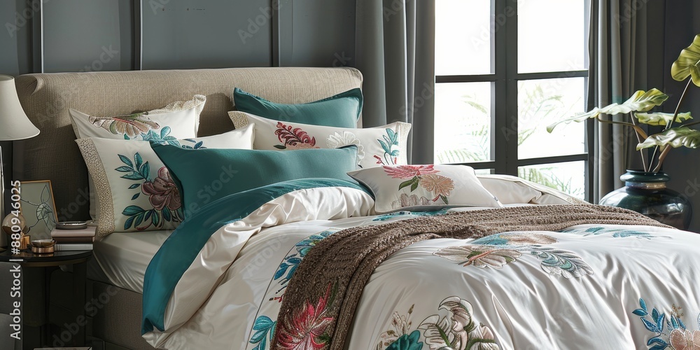 Poster luxury bedding set with high-thread-count linens, styled in a cozy bedroom scene, emphasizing comfor