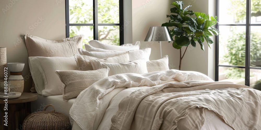 Aufkleber luxury bedding set with high-thread-count linens, styled in a cozy bedroom scene, emphasizing comfor