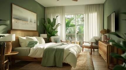 A cozy green bedroom interior featuring bright furniture and natural wooden elements, soft lighting creating a warm and inviting atmosphere