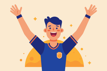 The guy in the soccer uniform has his hands up in the air and is celebrating the victory
