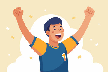 A man celebrates his soccer team's victory, shouting slogans. Vector cartoon illustration